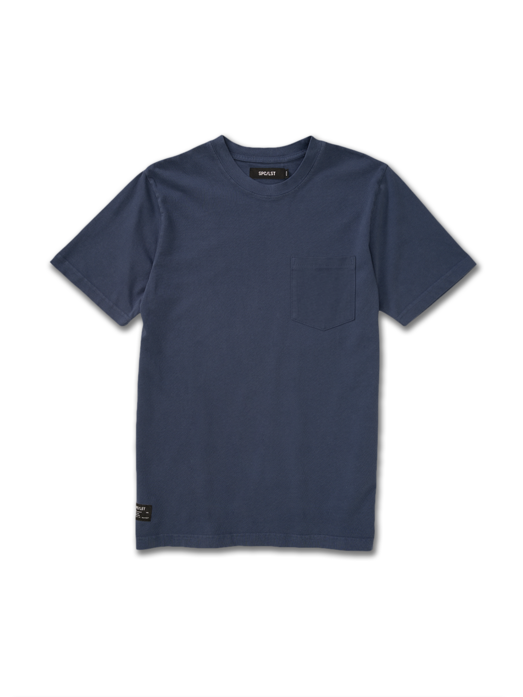 Navy blue cotton t-shirt with a pocket on a white background. USA MADE
