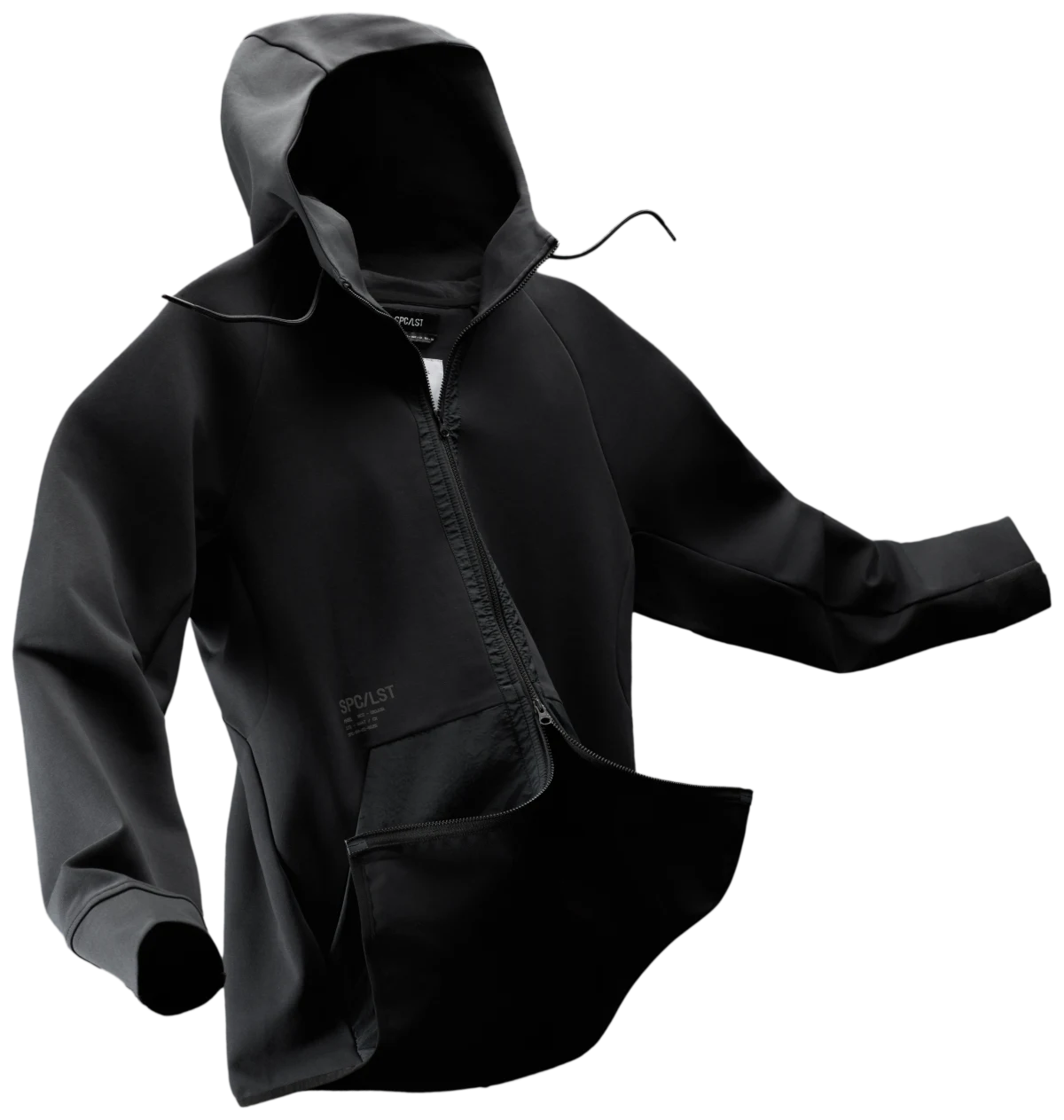 Contour_01Z in black, floating zip hoodie product view
